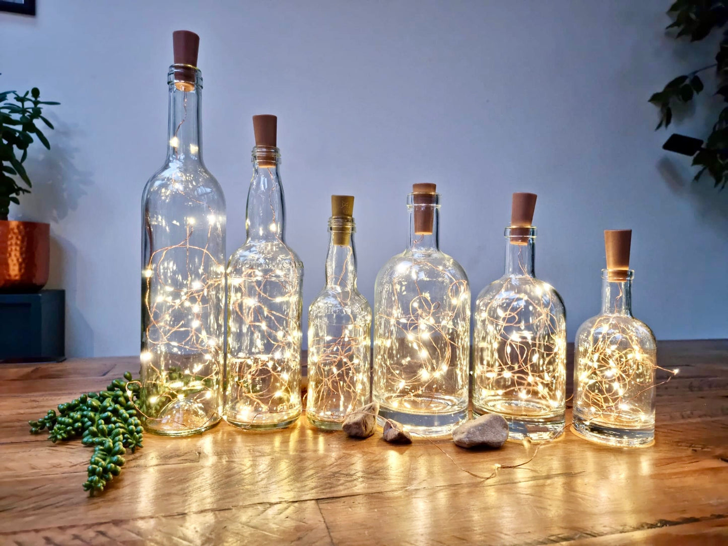 Personalised Copper Wire Firefly Fairy Glass Etched Bottle Lights. Table Settings, Wedding Presents, Corporate Gifts, Personalised Gifts.