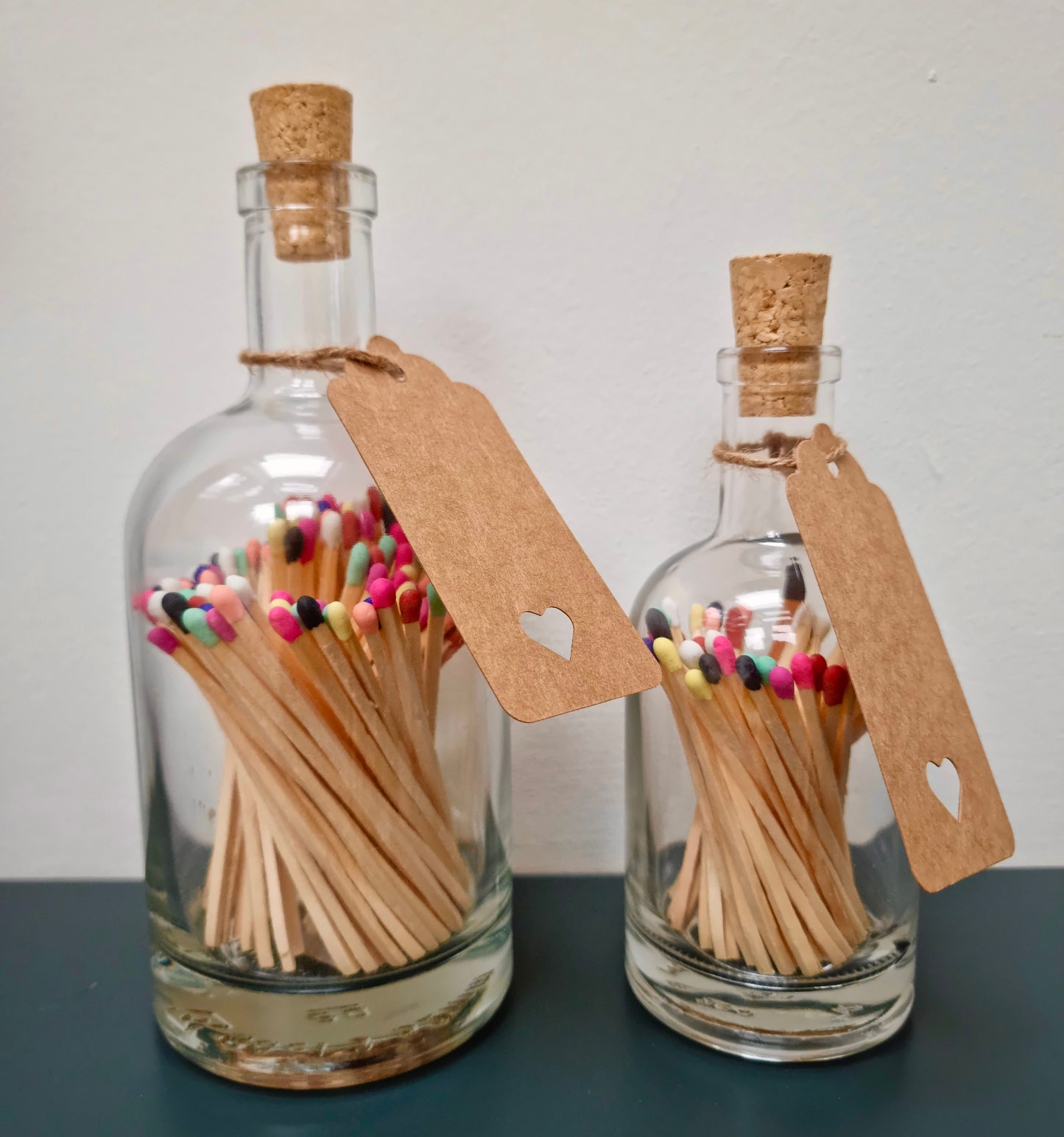 Luxury coloured matches in a corked glass bottle. Long matches in a Jar. Home decor, table setting or gift.