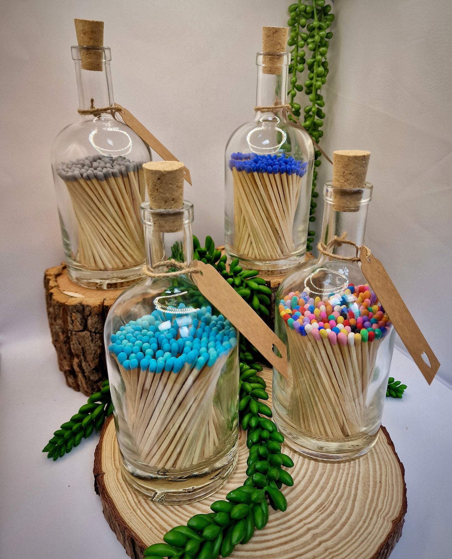 Luxury coloured matches in a corked glass bottle. Long matches in a Jar. Home decor, table setting or gift.