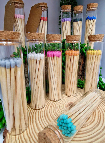 Luxury Long Coloured Matches In Glass Tube With Cork Lid. Perfect For Personal/Corporate Gift, Table Decor For Home/Work